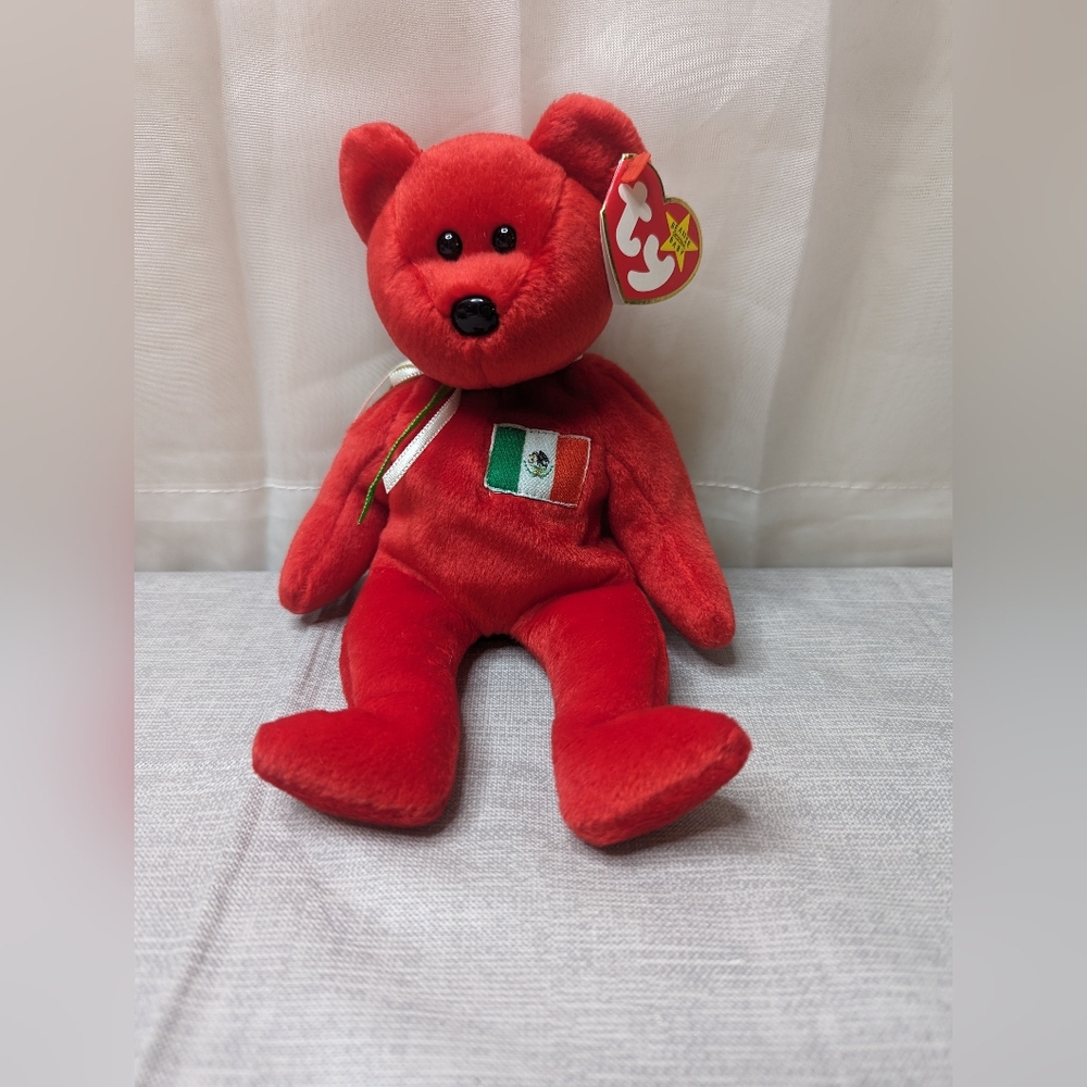 1999 TY Beanie Babies Osito Red Teddy Bear  Tags Flag Mexican Flag Retired Vinta